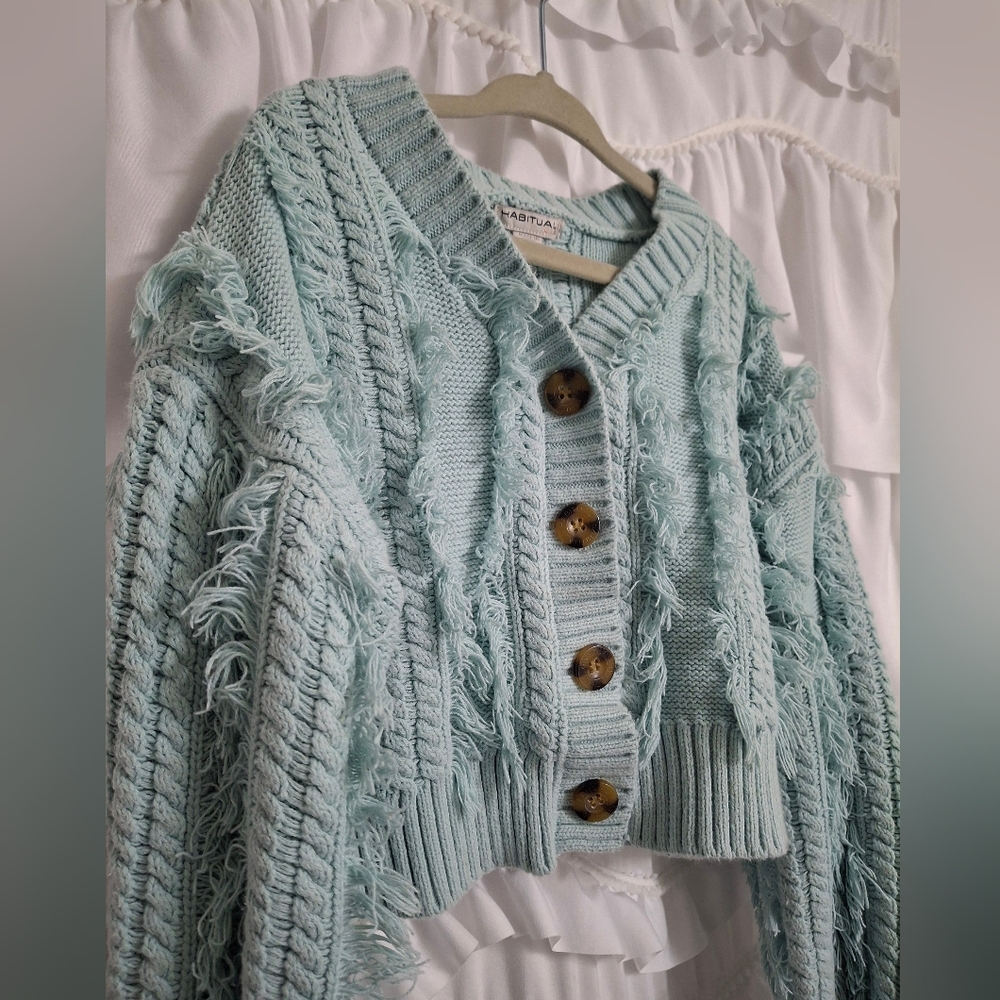 Habitual Girl's Cable Knit Fringe Sweater - Soft Blue Size 7/8